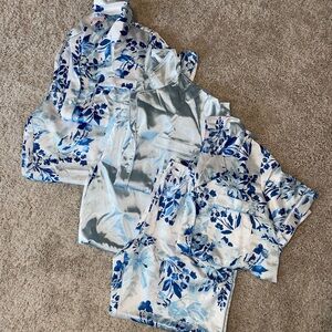 Floral Satin Pajama Set - Blue and White